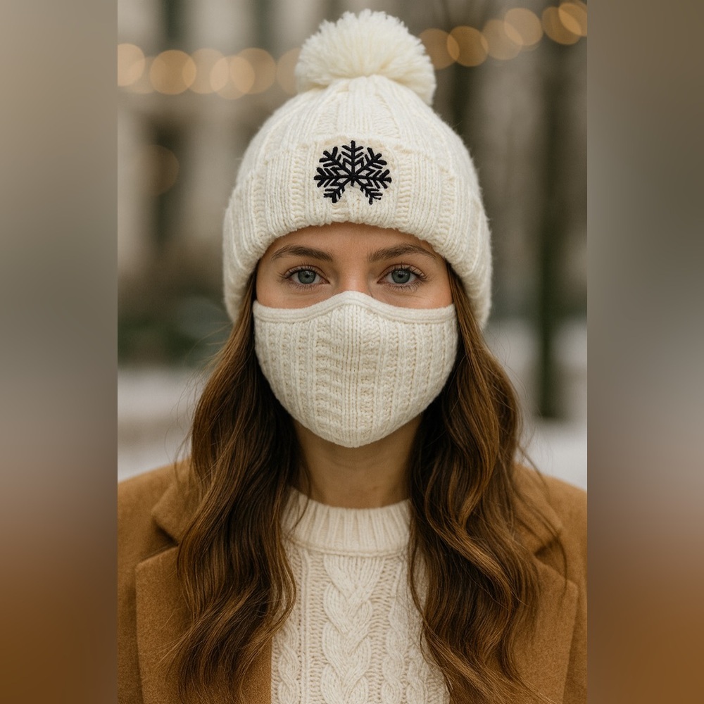 NWT The Winter Brand Cream Chenille Beanie Hat & Mask Warm Knit Black Snowflake
